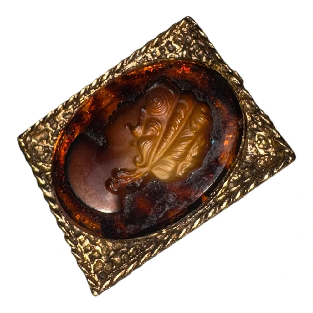 Vintage Cameo Style Portrait Brooch Gold Tone Amber Resin Frame J40